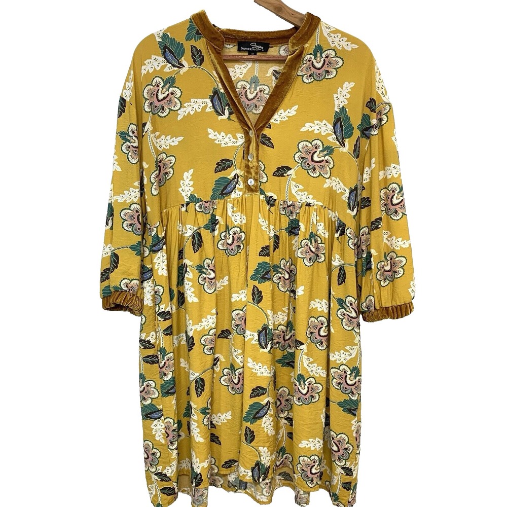 Suzanne Betro  Baby Doll Dress Medium Yellow‎ Floral Empire Pockets Boho Fairy